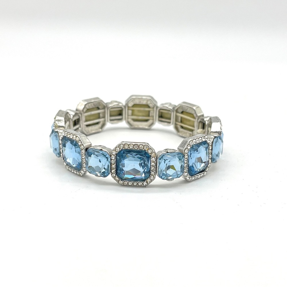 Monet Blue Crystal Stretch Bracelet Silver Tone Emerald‎ Cut Pave Halo 7 Inch